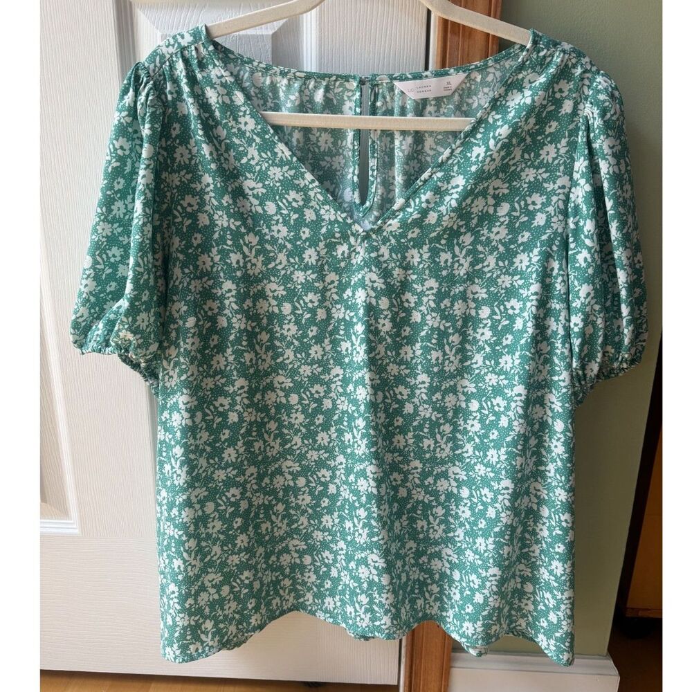 LC Lauren Conrad Womens XL Green Floral Short Puff Sleeve V-Neck Blouse Top